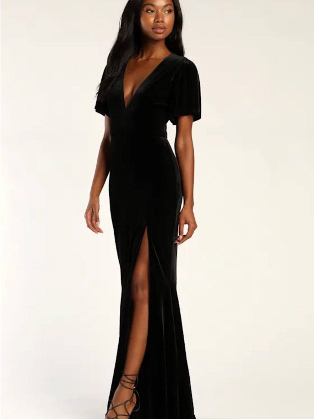 Lulus Elegant Evenings Black Velvet Flutter Sleeve Trumpet Maxi Dress
